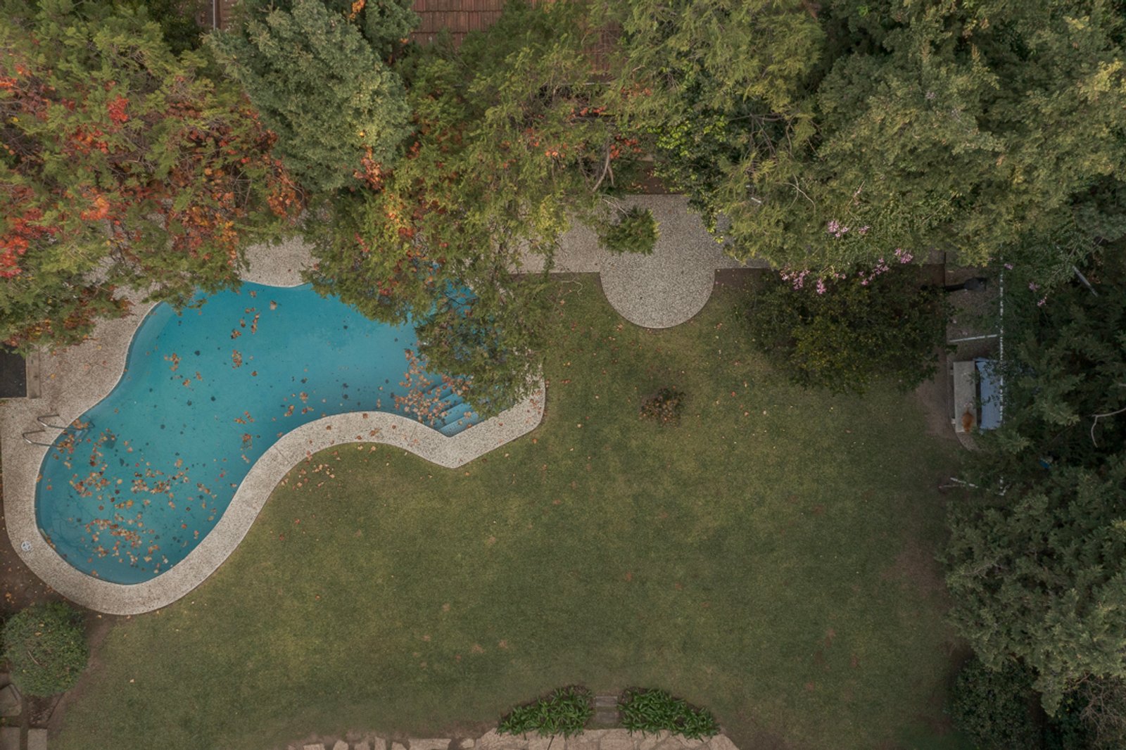 Vista aérea de quintal com piscina de formato livre e vegetação exuberante — projeto Jardines Catamarca, por Estudio YME, em B1636 Olivos